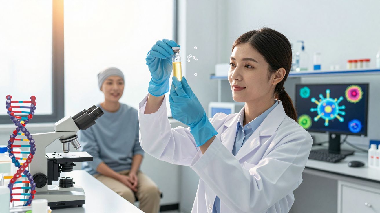 Cientista com bata branca e luvas analisa tubo de ensaio amarelo num laboratório com equipamento científico.