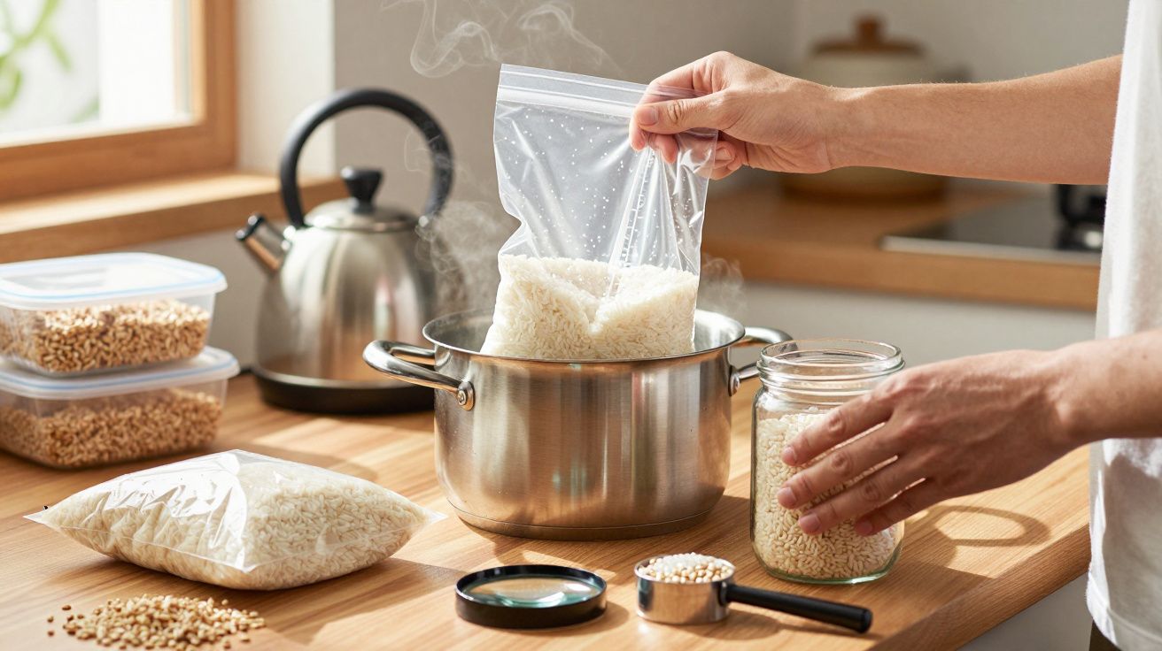 Mãos a cozinhar arroz num saco plástico dentro de uma panela com vapor na cozinha.