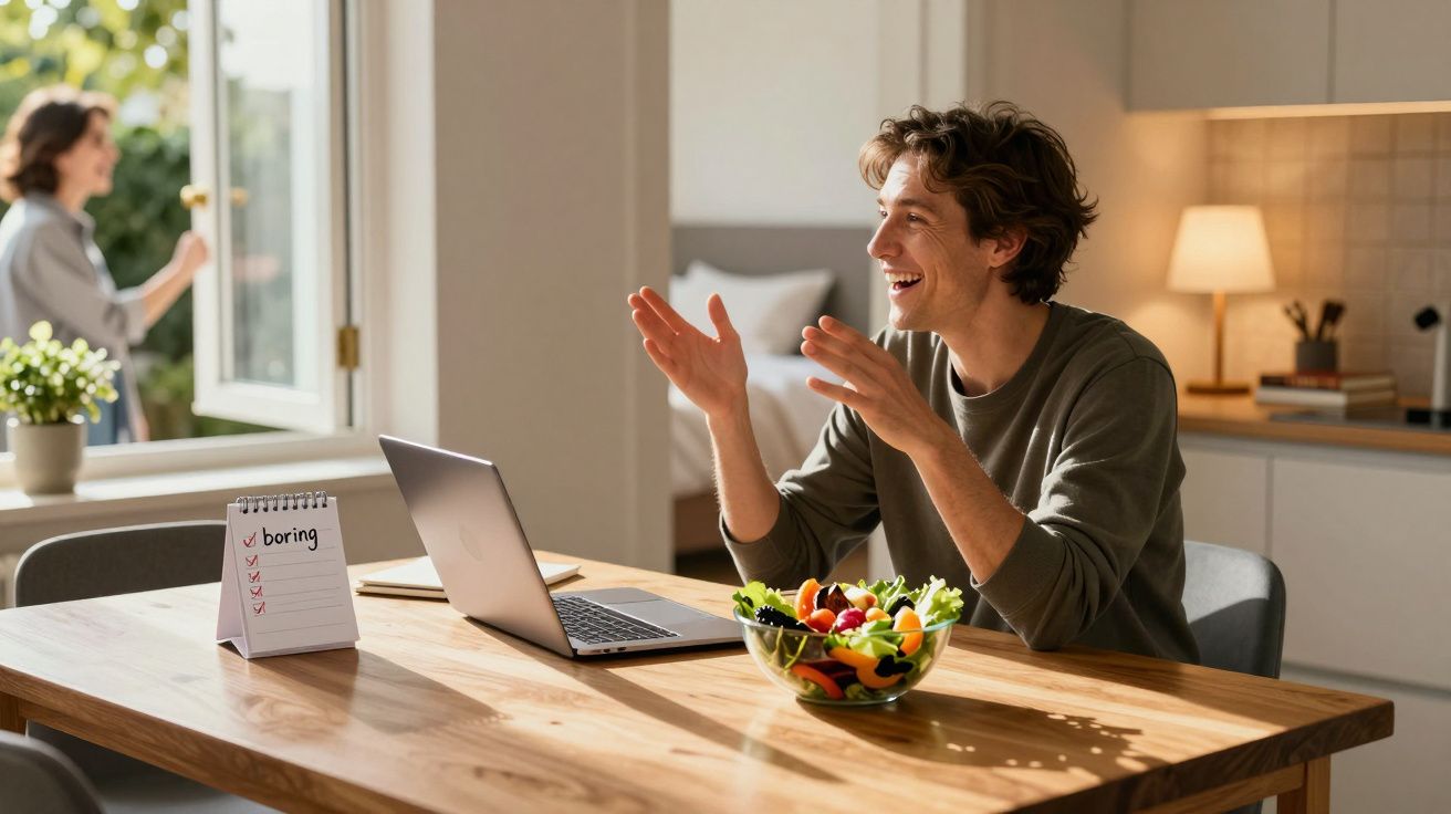 Homem sorridente sentado à mesa com computador e salada, mulher abrindo janela ao fundo.