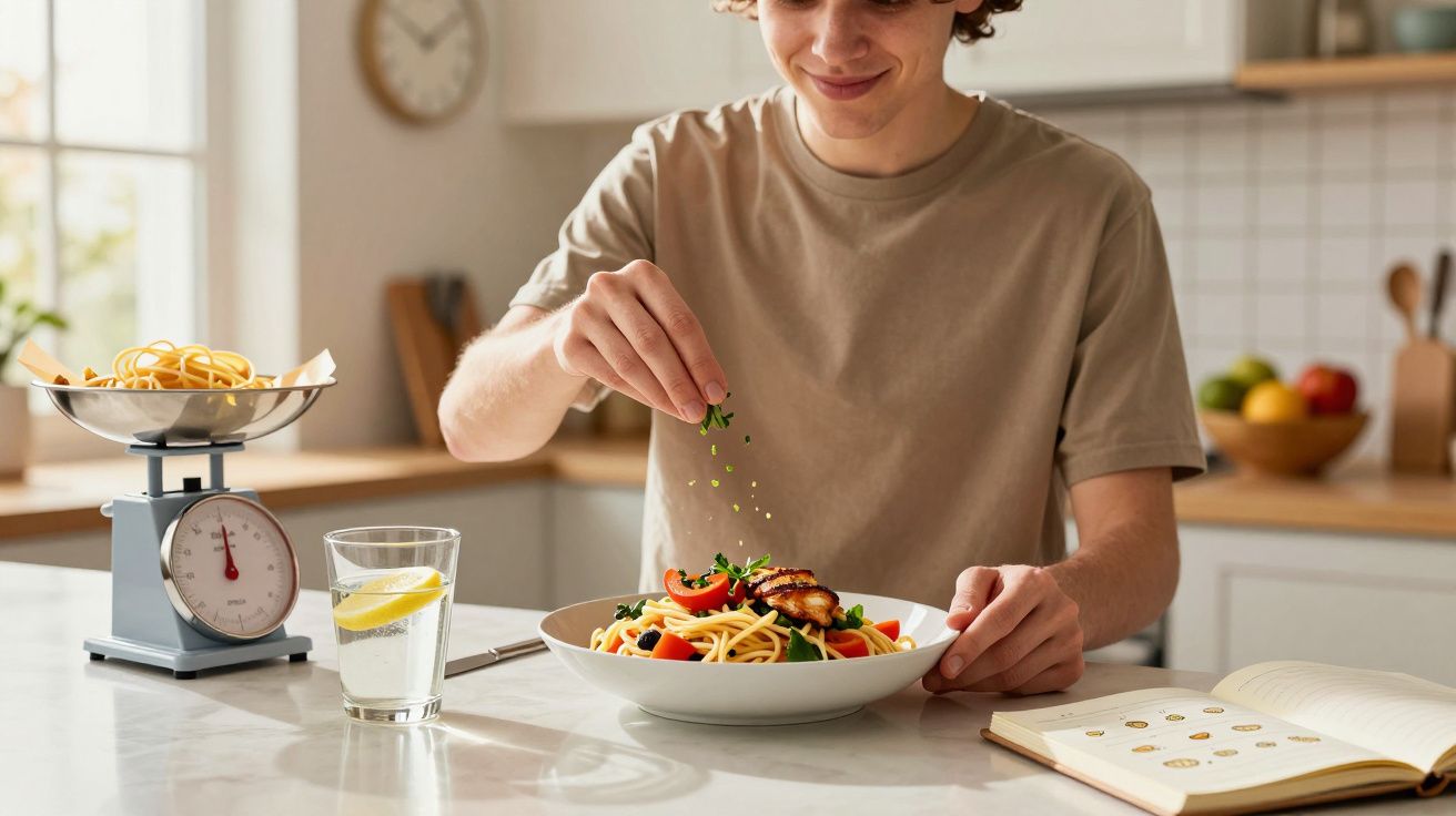 Jovem a temperar um prato de massa com vegetais numa cozinha luminosa, com copo de água e livro aberto na mesa.