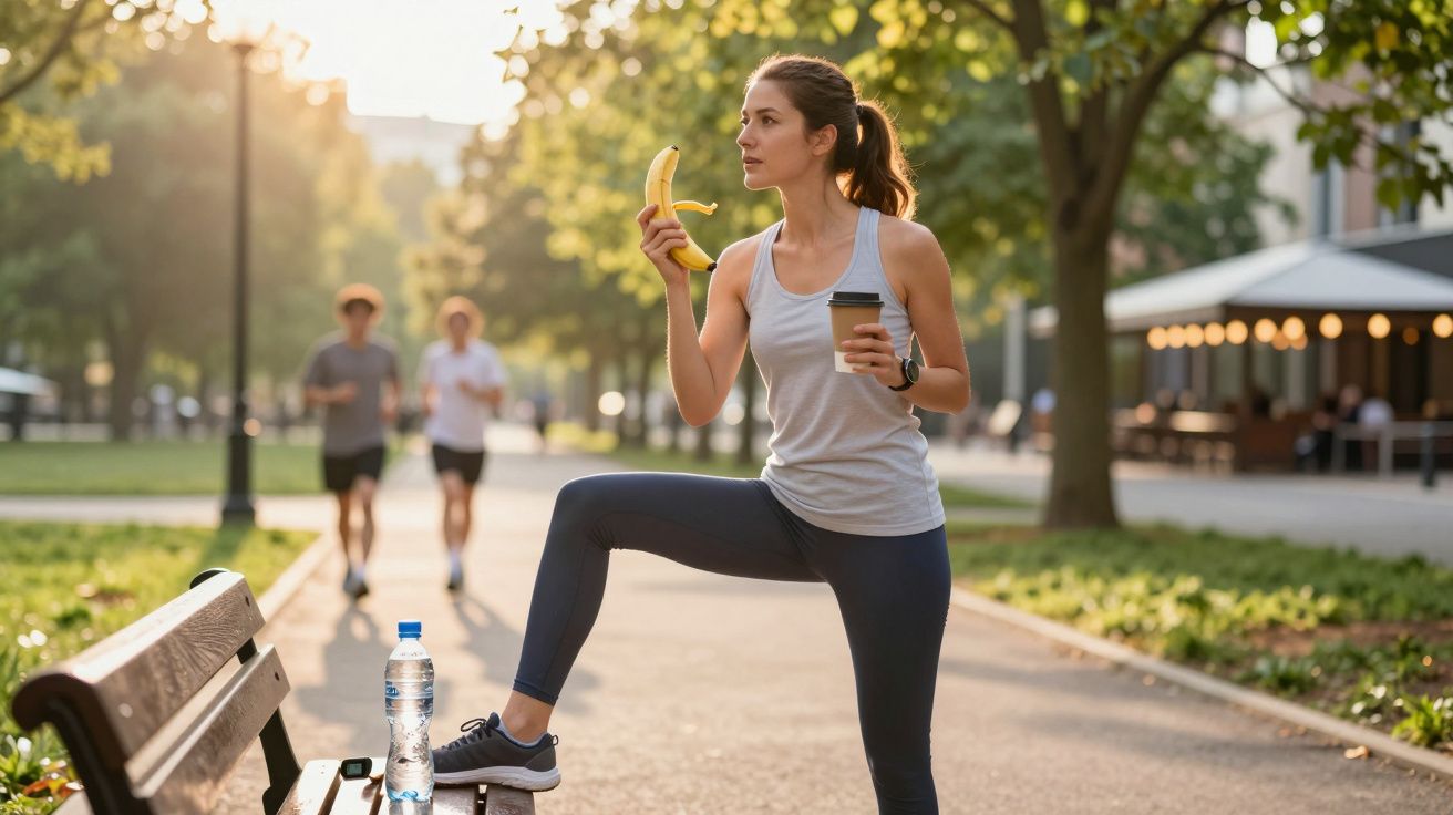 Mulher em roupa desportiva segura banana e copo de café num parque ao entardecer.