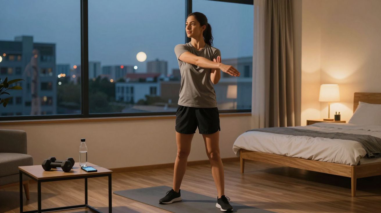 Mulher a fazer exercícios de alongamento num quarto durante o anoitecer, com equipamento de treino na mesa próxima.