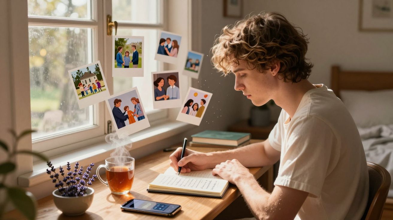 Jovem sentado à secretária junto à janela a escrever num caderno, com chá quente e fotografias flutuantes à sua frente.