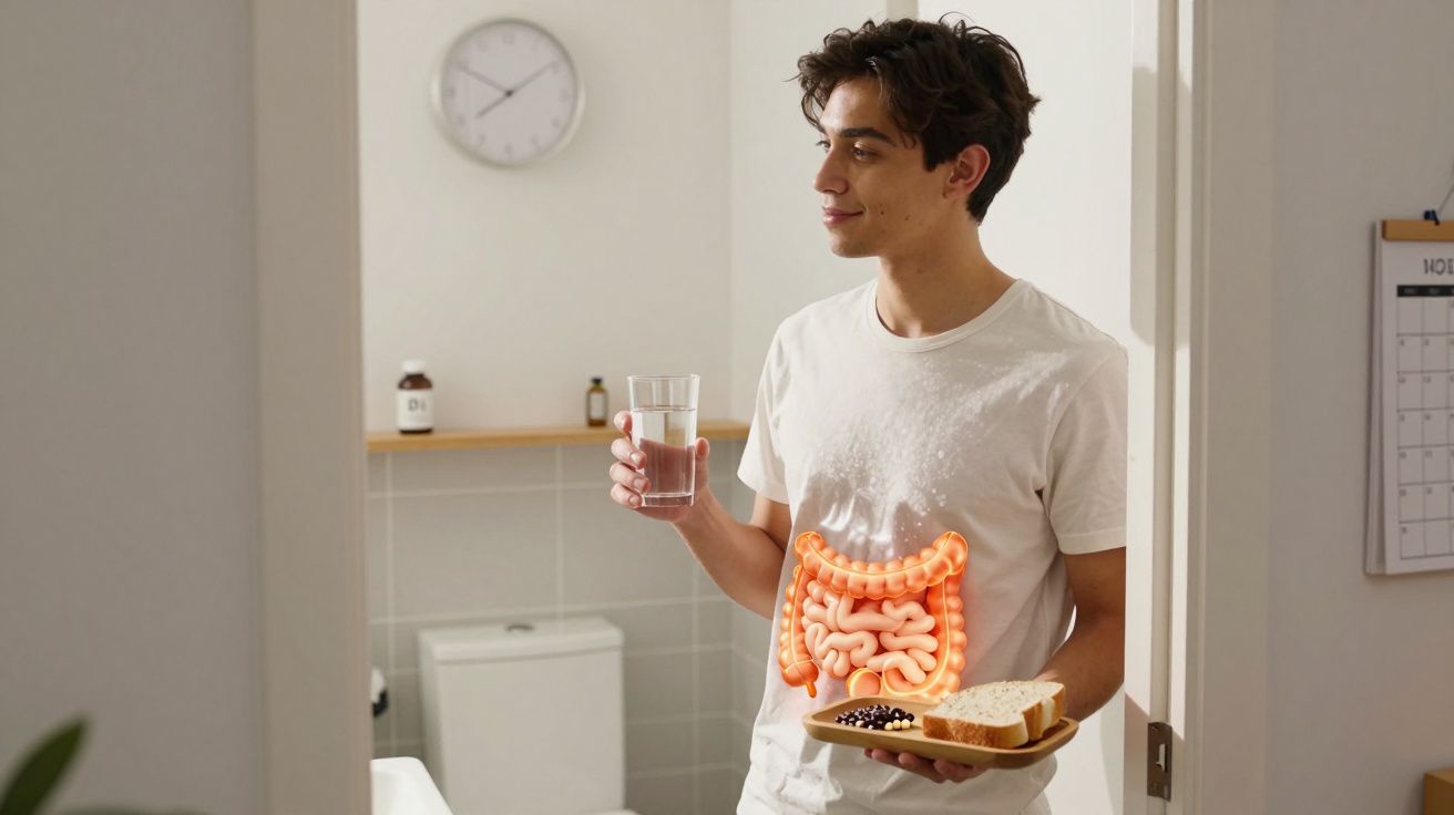 Jovem com camisola branca segura copo de água e prato com pão e cápsulas, com intestino ilustrado no peito.