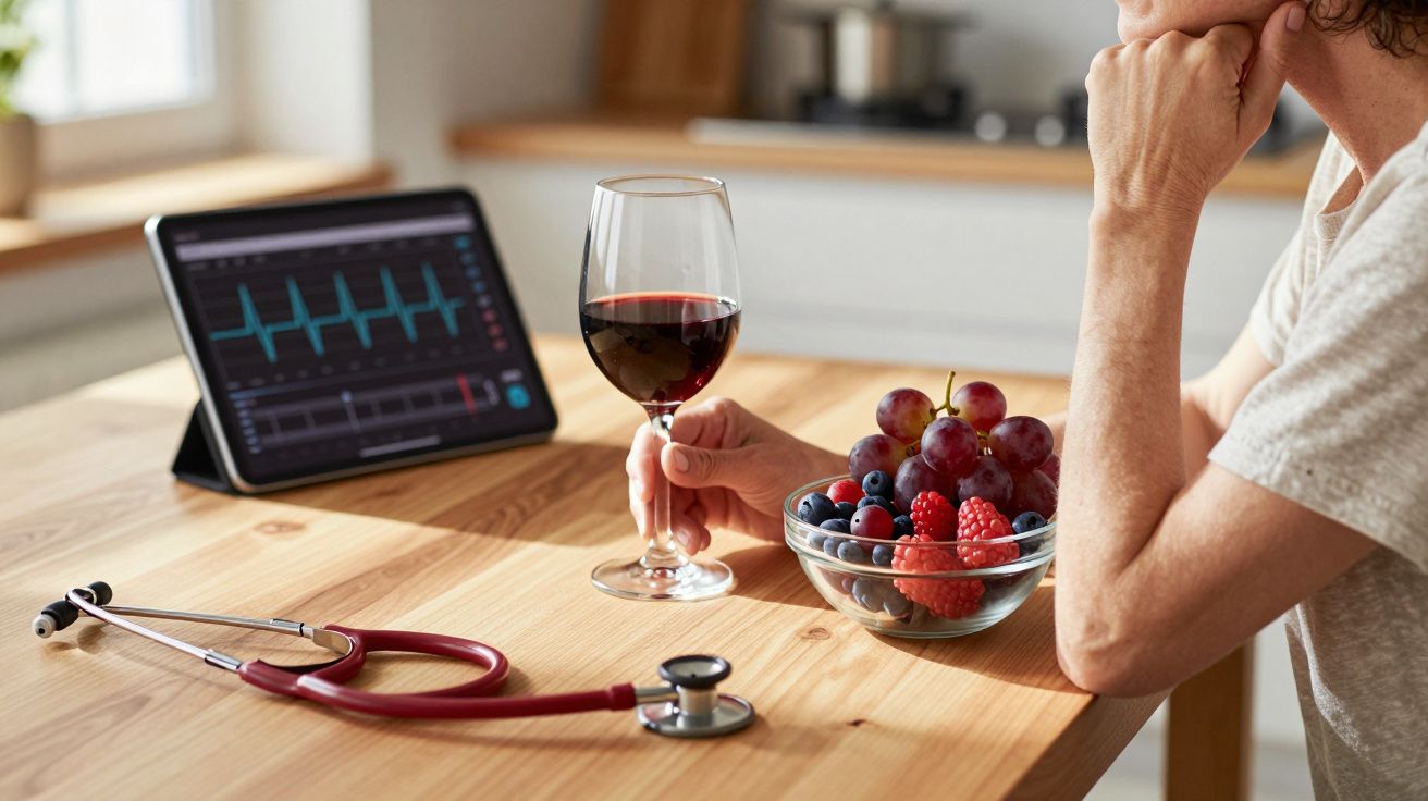 Pessoa sentada à mesa com copo de vinho tinto, tablet com ecg, taquímetro e taça de frutas frescas.