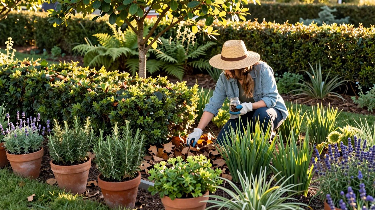 Mulher com chapéu a cuidar de plantas num jardim bem cuidado com vasos e arbustos verdes.