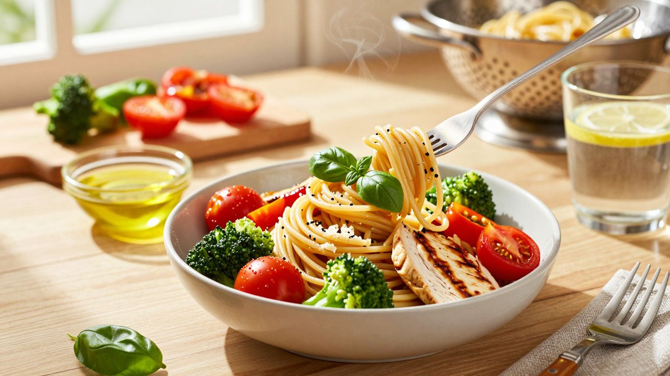 Prato de espaguete com tomate-cereja, brócolos, queijo e manjericão, acompanhado de espetada grelhada.