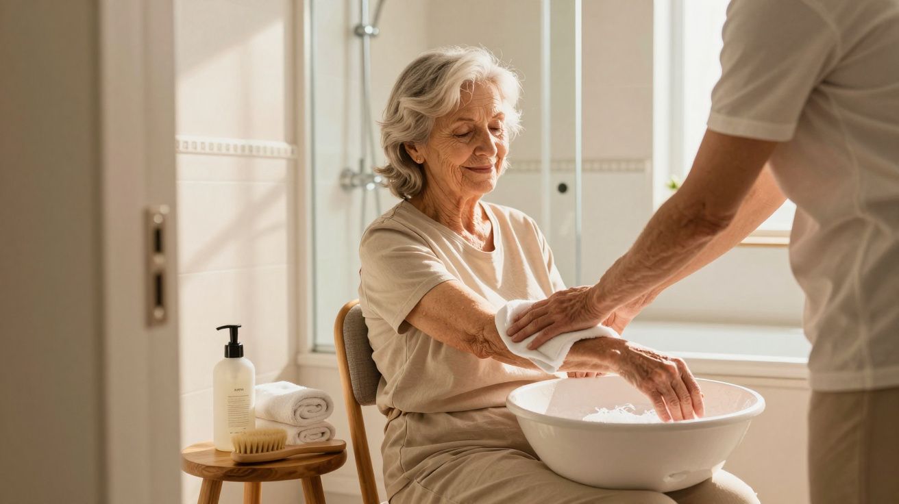 Idosa sentada a receber cuidados nas mãos num ambiente de casa de banho iluminado.