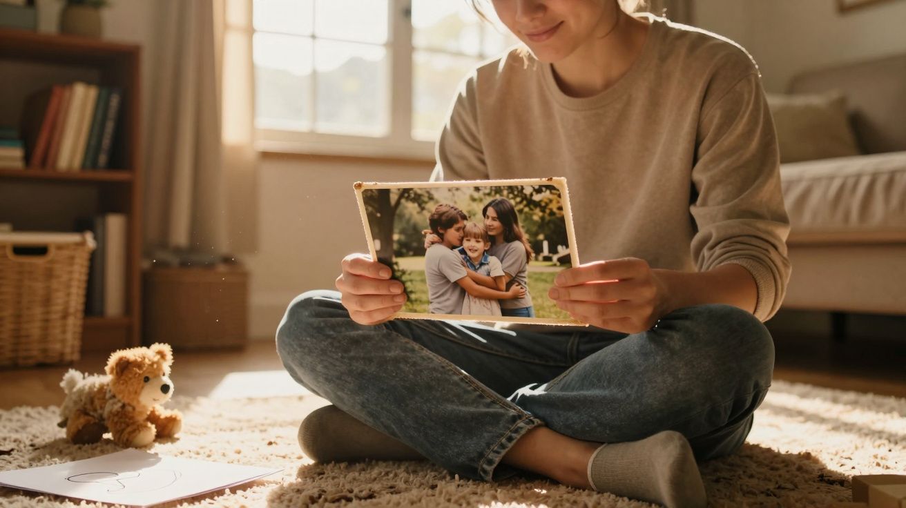 Pessoa sentada no chão de casa a segurar uma fotografia antiga de crianças a abraçar-se ao ar livre.