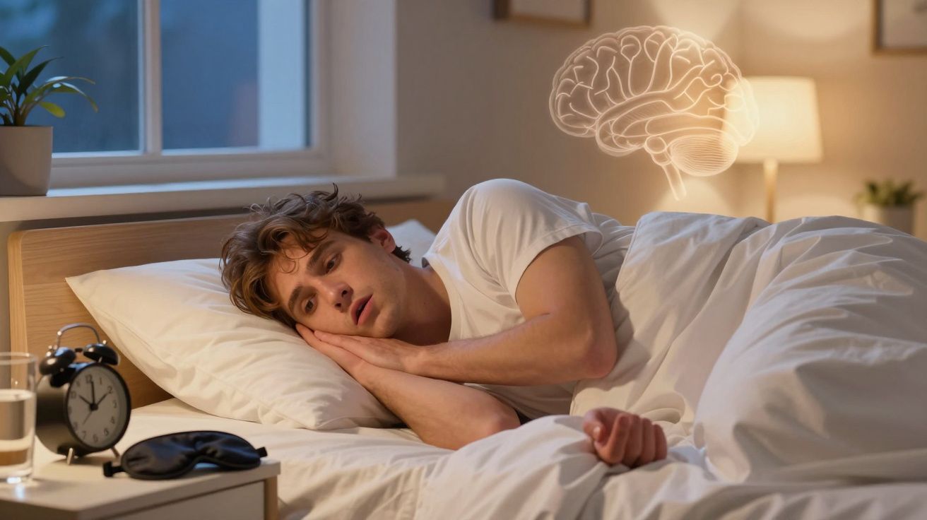 Homem deitado na cama com expressão preocupada, com ilustração de cérebro ao fundo, simbolizando insónia ou ansiedade.
