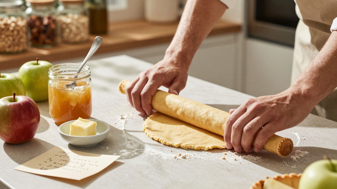 Mãos a enrolar massa com rolo numa bancada com maçãs, manteiga e frasco de compota.