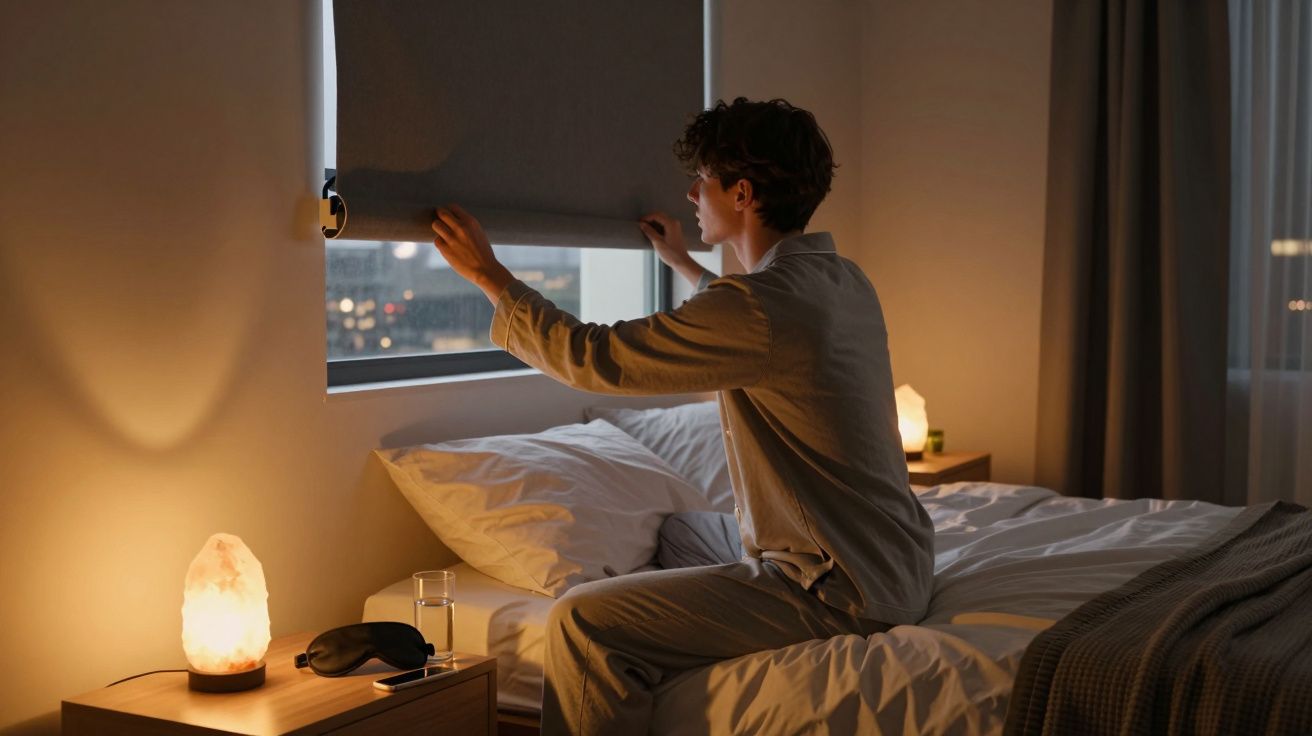 Homem jovem sentado na cama a fechar a persiana no quarto iluminado com luz quente.