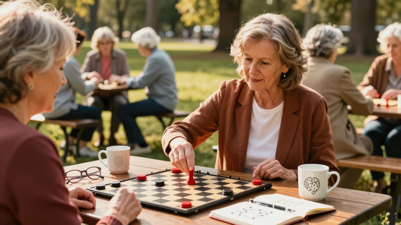 Duas senhoras a jogar damas ao ar livre num parque com outras pessoas no fundo.