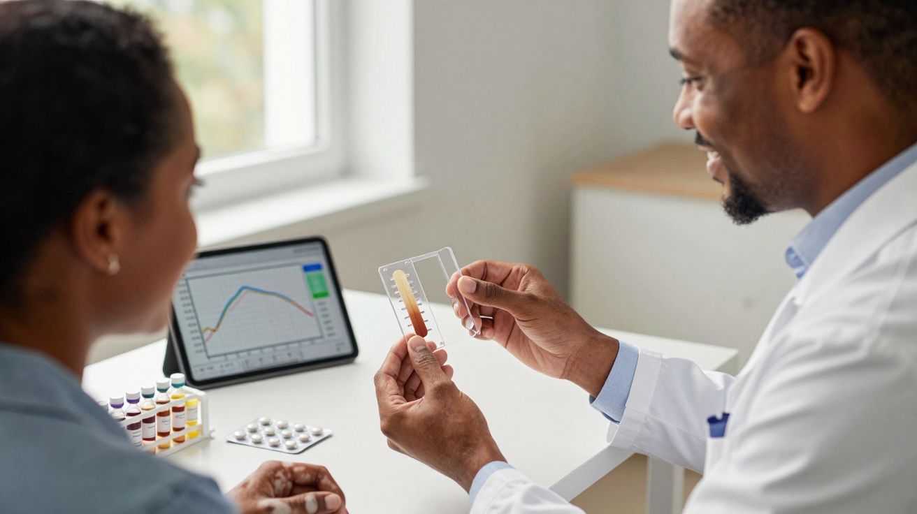 Médico mostra gráfico e amostra a paciente durante consulta num consultório iluminado.