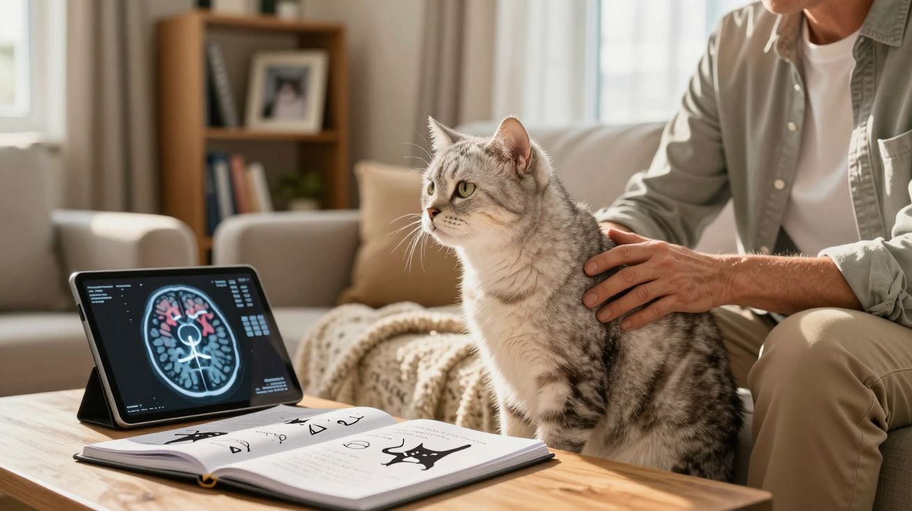 Gato cinzento sentado na mesa com uma pessoa junto, tablet com imagem de cérebro e livro aberto.