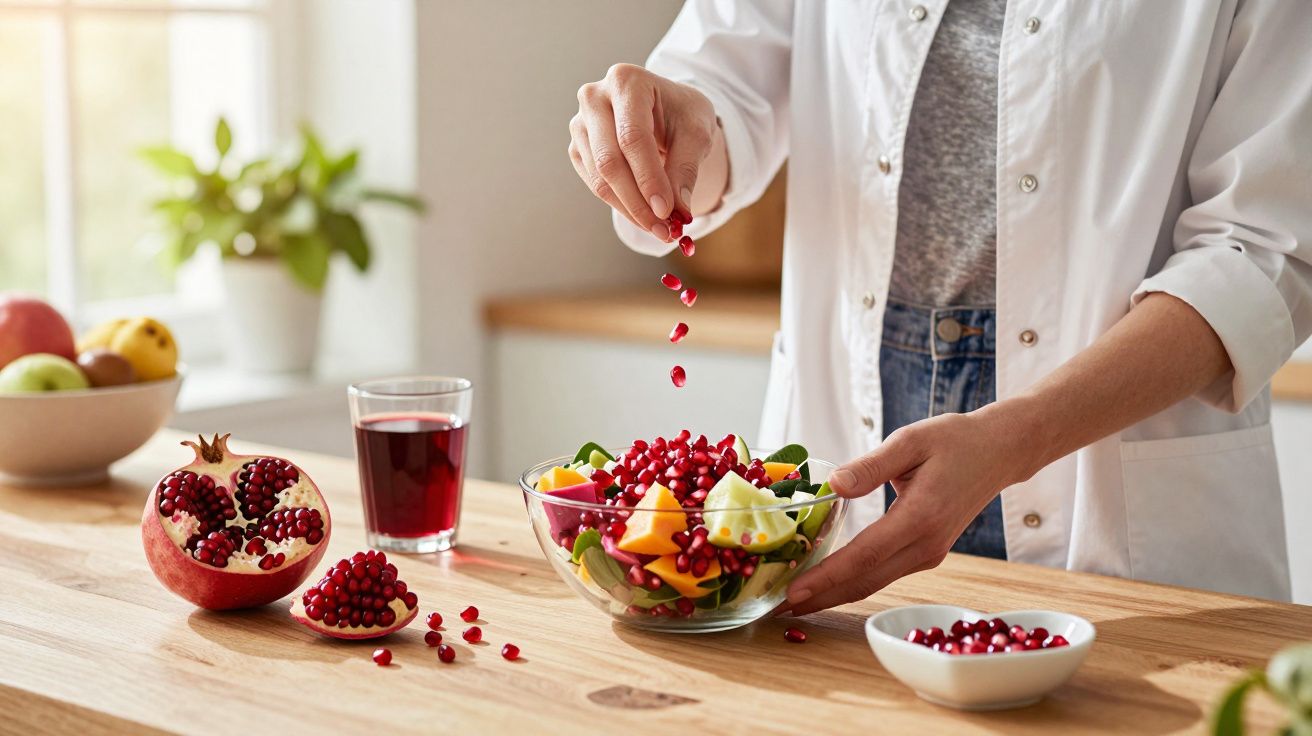 Pessoa polvilha bagos de romã numa taça com salada de frutas numa cozinha iluminada.