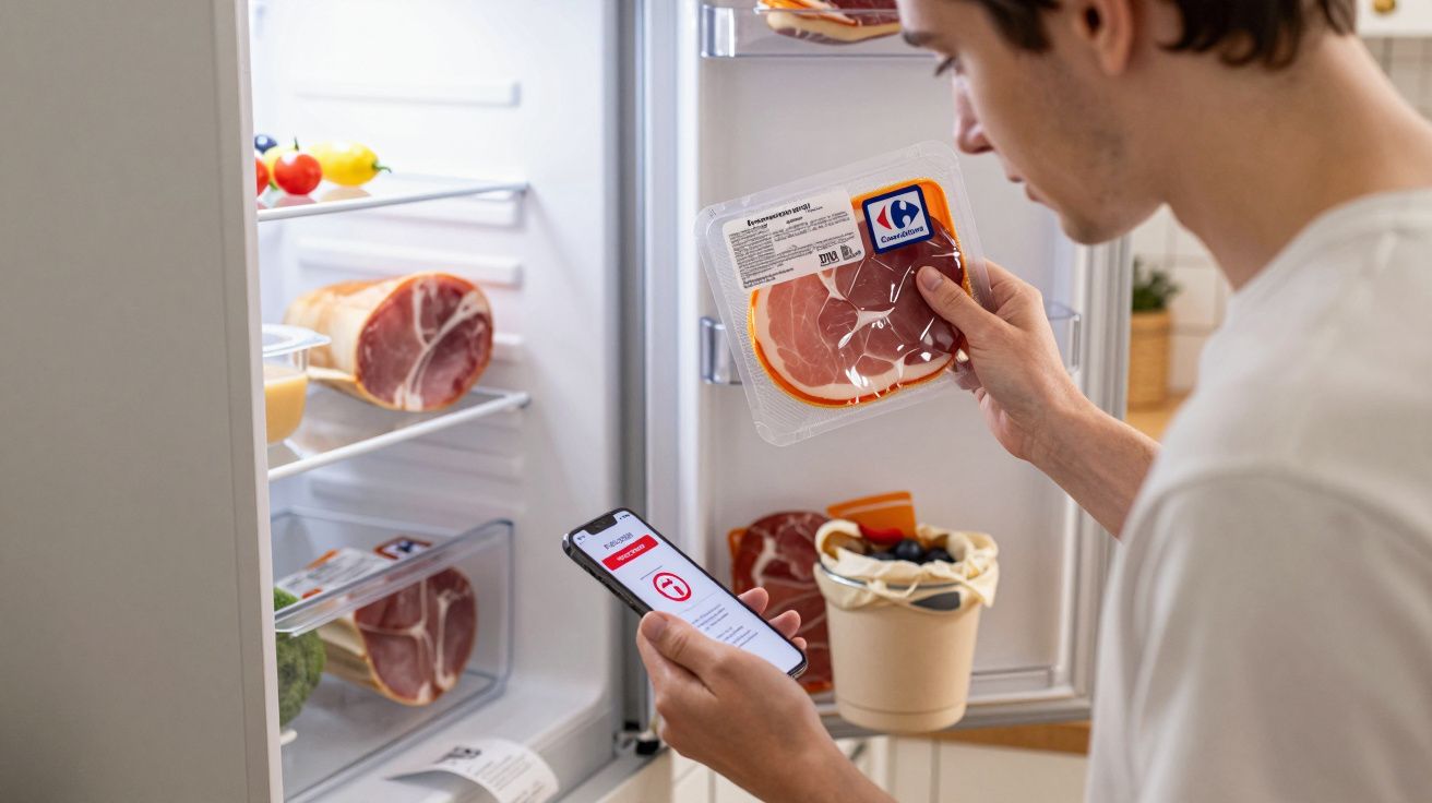 Pessoa a verificar validade de fiambre no frigorífico usando aplicação móvel.