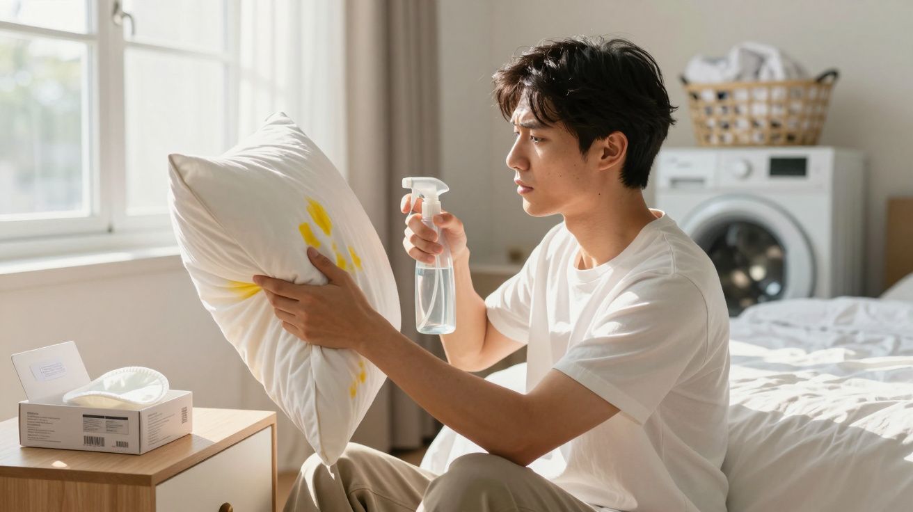 Jovem sentado a limpar nódoas amarelas numa almofada com um spray, ambiente doméstico iluminado.