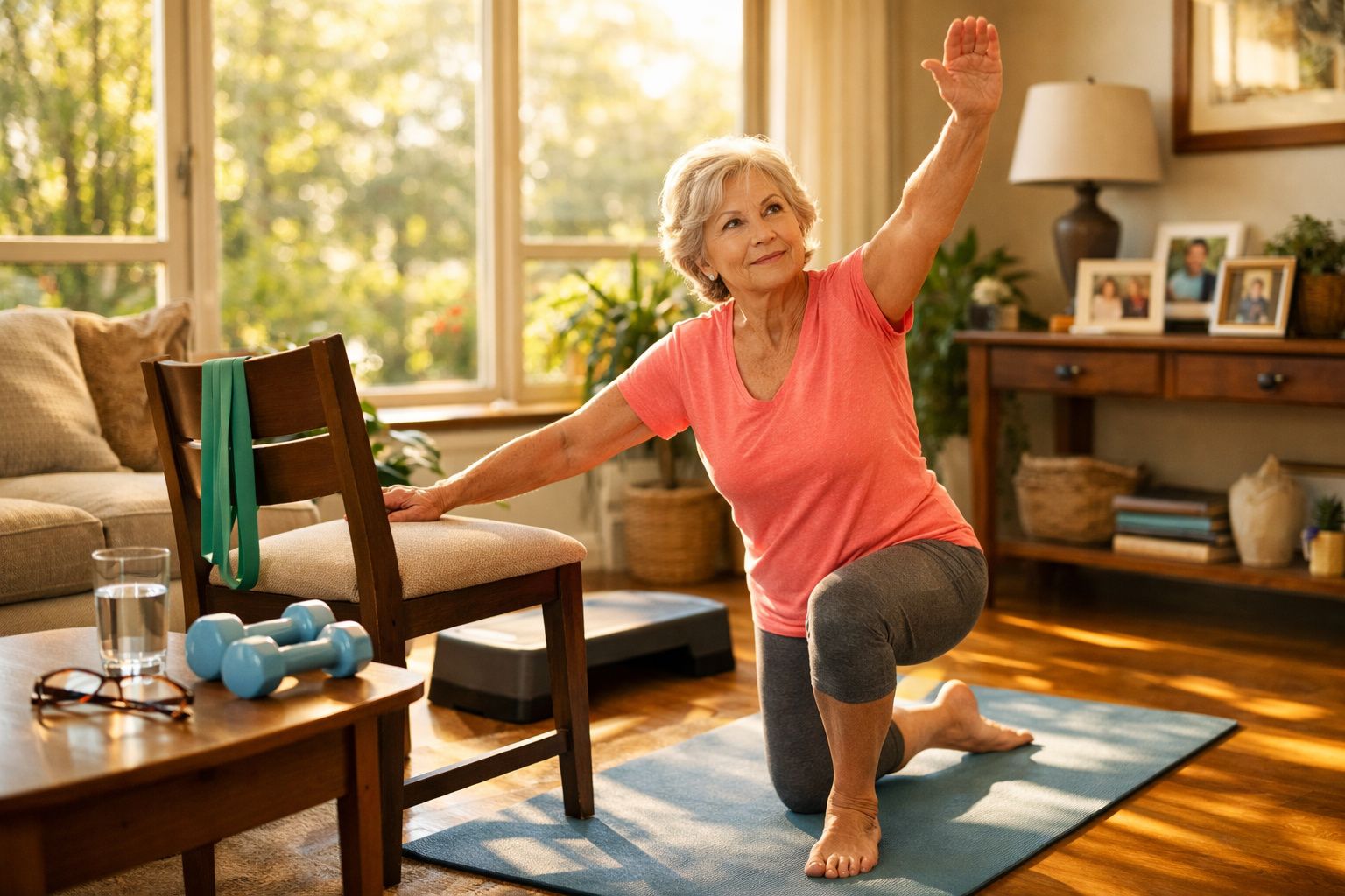 Senhora sénior a fazer exercício de alongamento em casa, apoiada numa cadeira e num tapete azul.