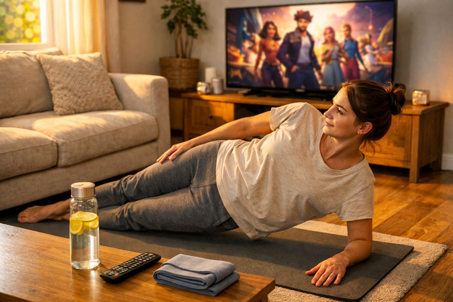 Mulher a fazer exercício de prancha lateral em casa com água, televisão ligada e sofá ao fundo.