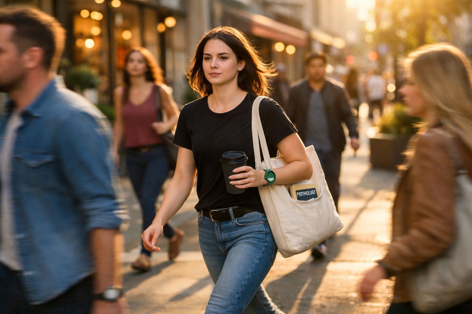 Jovem mulher a andar numa rua movimentada ao entardecer, com café e bolsa com autocolante "Psychologist".